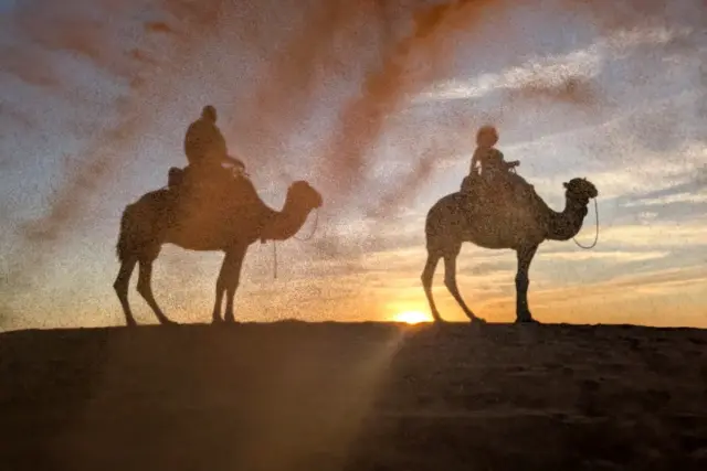 Caravana de camellos cruzando las dunas de Erg Chebbi en Merzouga al atardecer